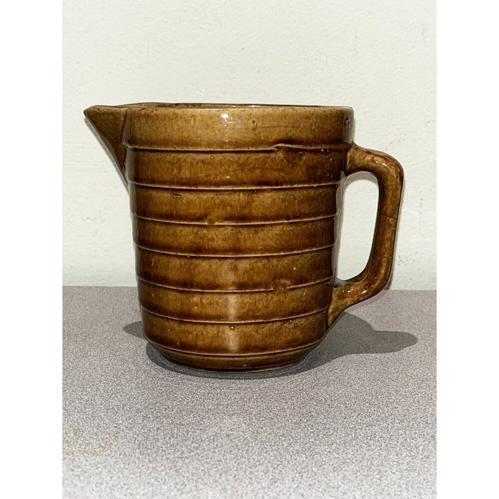 Vintage Stoneware Brown Pitcher 5” Glaze Ribbed Pottery USA Farmhouse